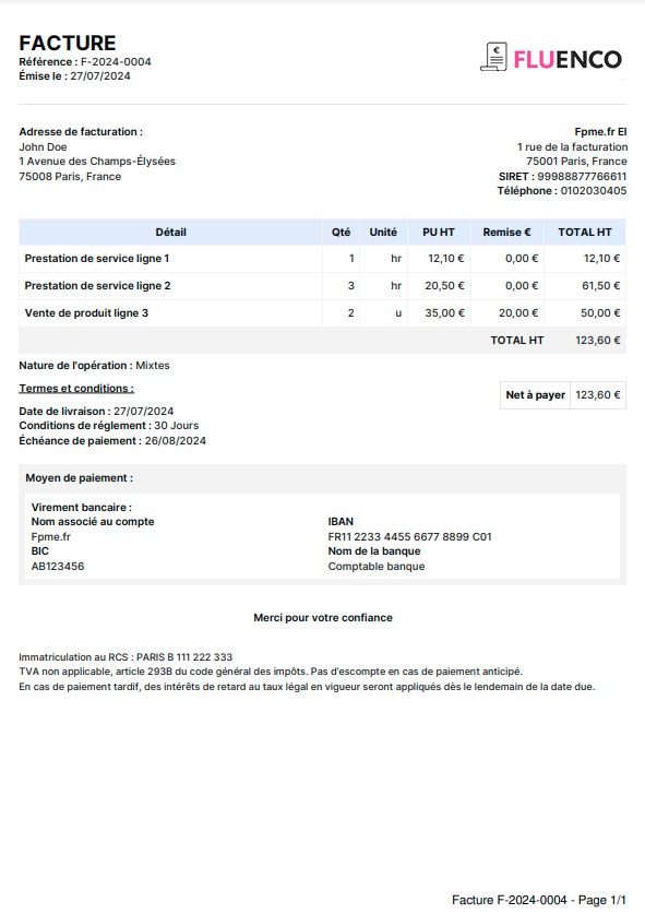 Exemple facture pour micro-entreprise - Fluenco